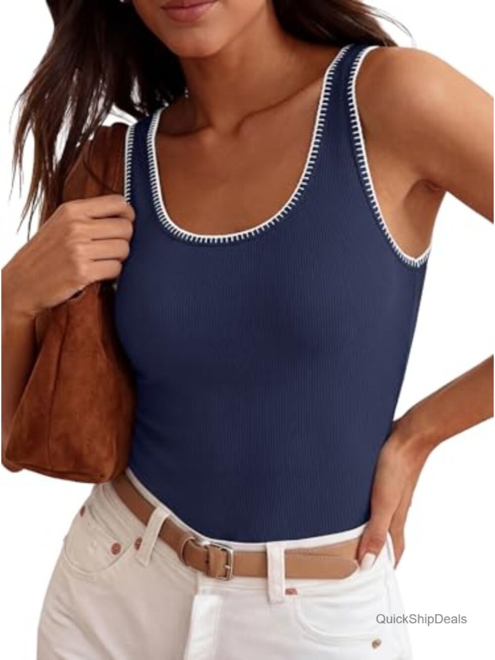 Women Ribbed Knit Sleeveless Tank Top Scoop Neck Summer Shirt